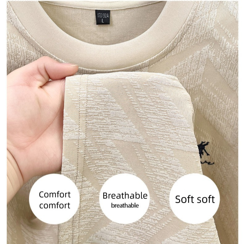 Luxury Business Men's Designer Ice Silk T-shirt Men's High-end Jacquard Embroidery Short Sleeved Silk Skin Friendly Outdoor Summer New Threa