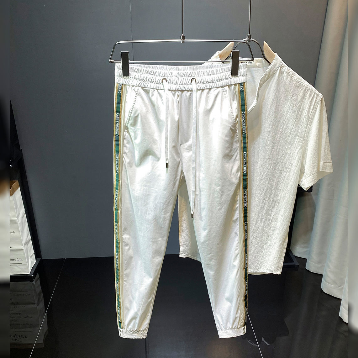 Designer Luxury Brand Loose Plus Size Essential Men's Pants, Street Summer Ice Silk Breathable Ankle Tied Casual Pants, Outdoor Comfortable Wide 