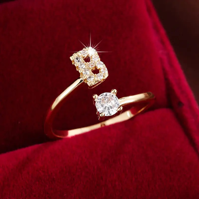 Luxury Jewelry Classic Letter Micro Inlaid Zircon Ring Fashion Women's K-plated Copper Open Solid Color Ring You Can Choose Letters According To 
