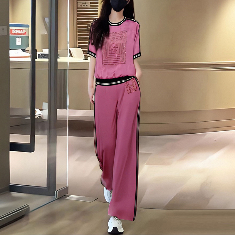 Designer Women's Set Rose pink fashion suit wo new design printed short sleeve and stylish straight leg pants outfit set Fashionable and high qua