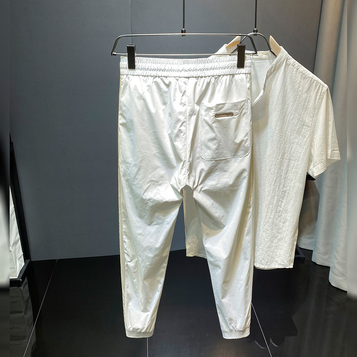 Designer Luxury Brand Loose Plus Size Essential Men's Pants, Street Summer Ice Silk Breathable Ankle Tied Casual Pants, Outdoor Comfortable Wide 