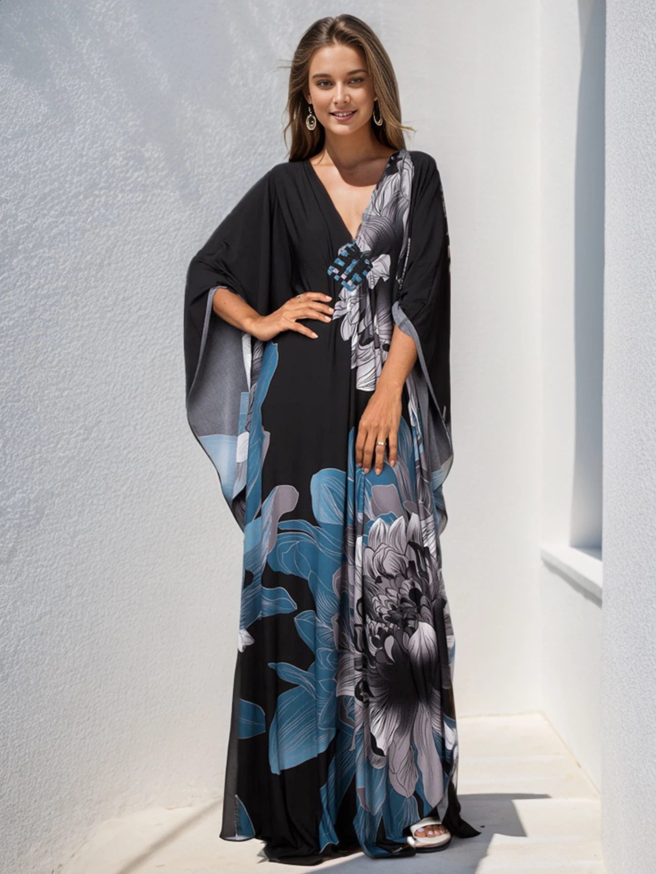 Sexy Print Deep Vneck Dress Batwing Sleeve Long Dresses Women Summer Beachwear Bohemian Kaftan Q1289 260515