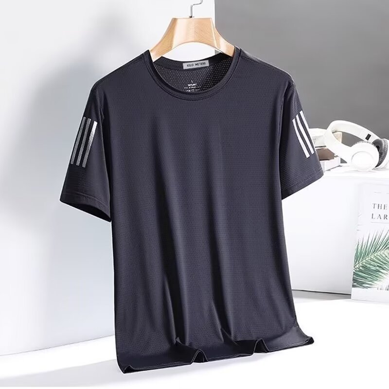 Designer Sports T-shirt Luxurious Men Cool Ice Silk Mesh Breathable Short Sleeved Summer Loose Plus Size Round Neck Outdoor Casual Quick Drying Lightw