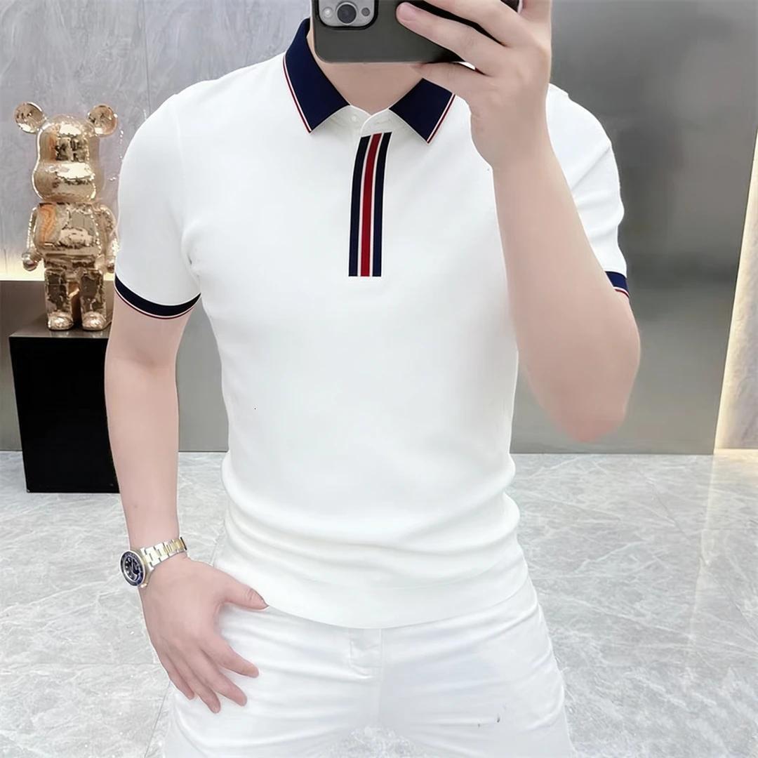 Luxury Brand Designer Mens White Contrast Stripe Trim Collar Slim Fit Polo Shirt 2026 Summer Casual Breathable Versatile Daily Wear