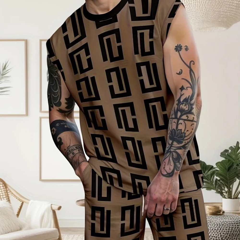 Premium Fashion Casual Two Piece Set For Men Breathable Summer Designer Style With All Over Geometric Pattern Loose Fit Sleeveless Top And Shorts Luxu