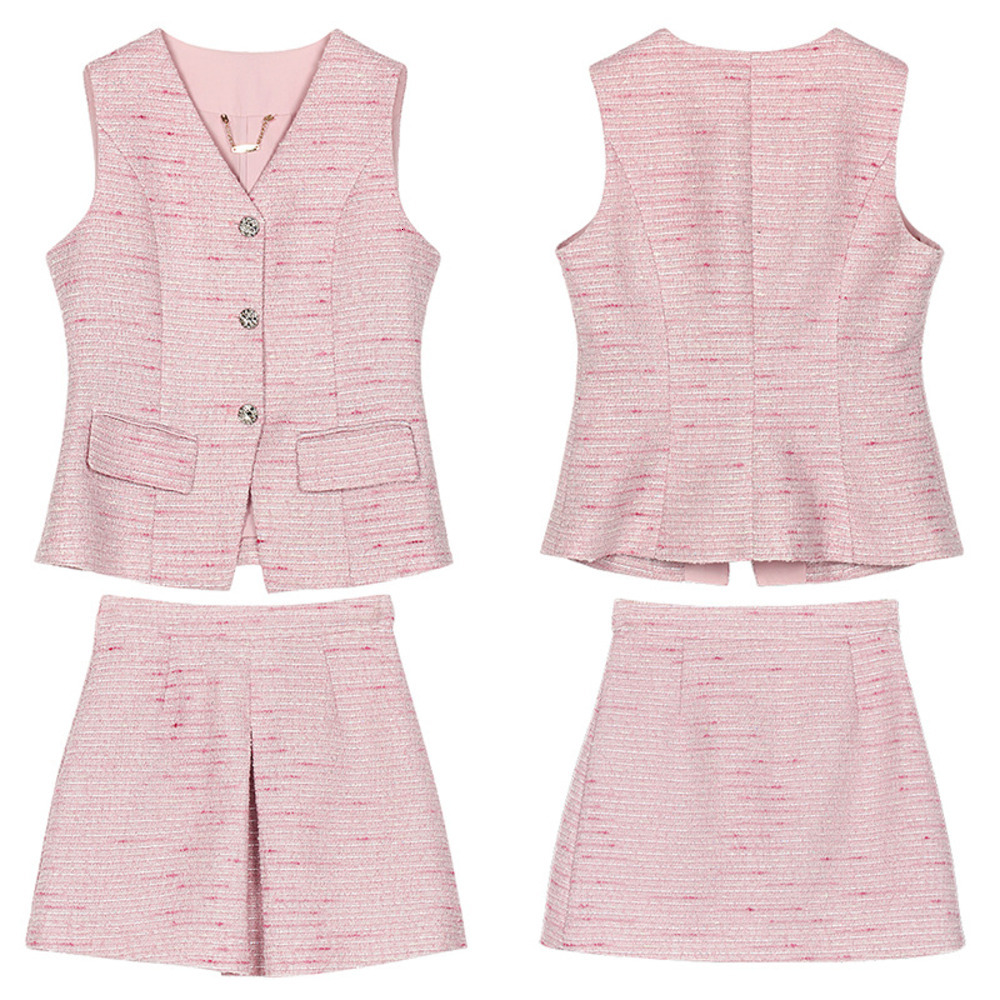 Designer long dress 2026 new fashionable long sleeved high-quality temperament dress New wo floral pink V neck tweed vest pleated short skirt set