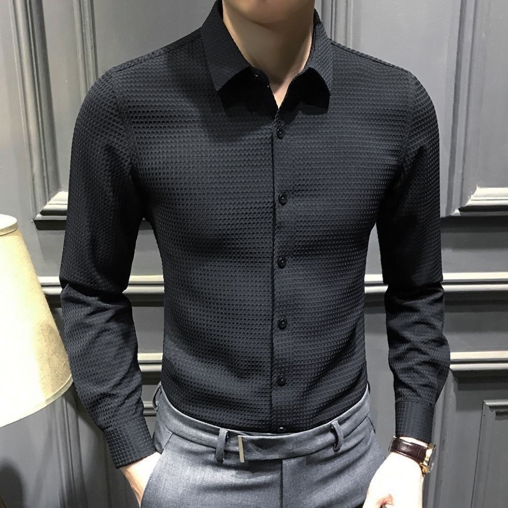 Men's Waffle Knit Shirt, Black Slim-Fit Button-Down Long-Sleeve Casual Top - Solid Acetate Fabric, Turn-Down Collar, Single-Breasted Closure for Every