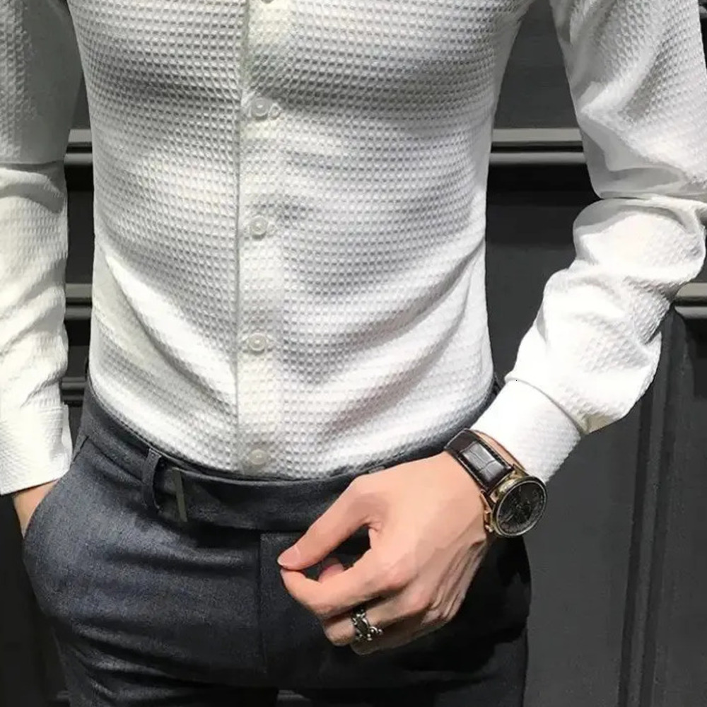 Men's Waffle Knit Shirt, Black Slim-Fit Button-Down Long-Sleeve Casual Top - Solid Acetate Fabric, Turn-Down Collar, Single-Breasted Closure for Every - view 8