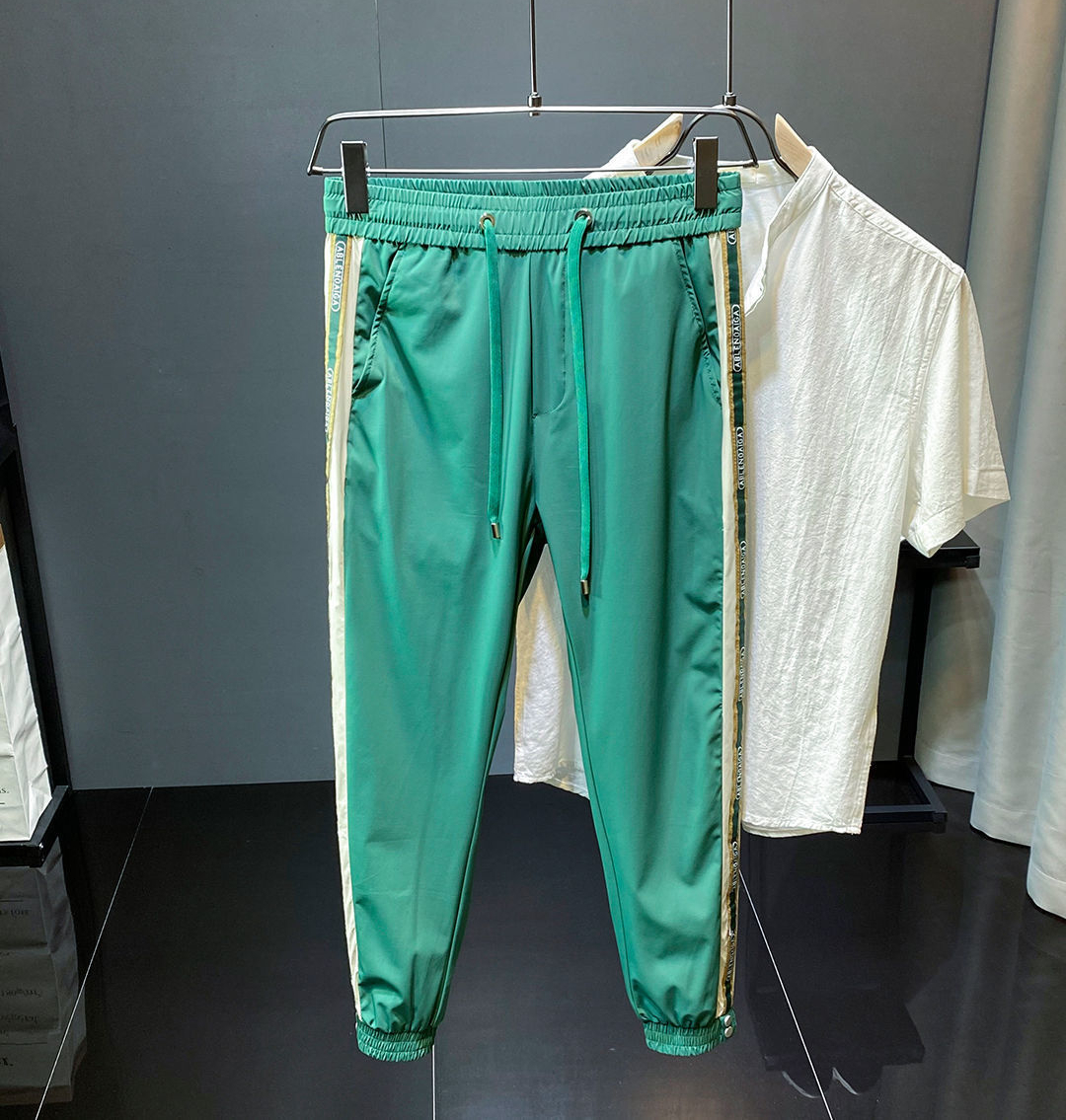 Designer Luxury Brand Loose Plus Size Essential Men's Pants, Street Summer Ice Silk Breathable Ankle Tied Casual Pants, Outdoor Comfortable Wide 