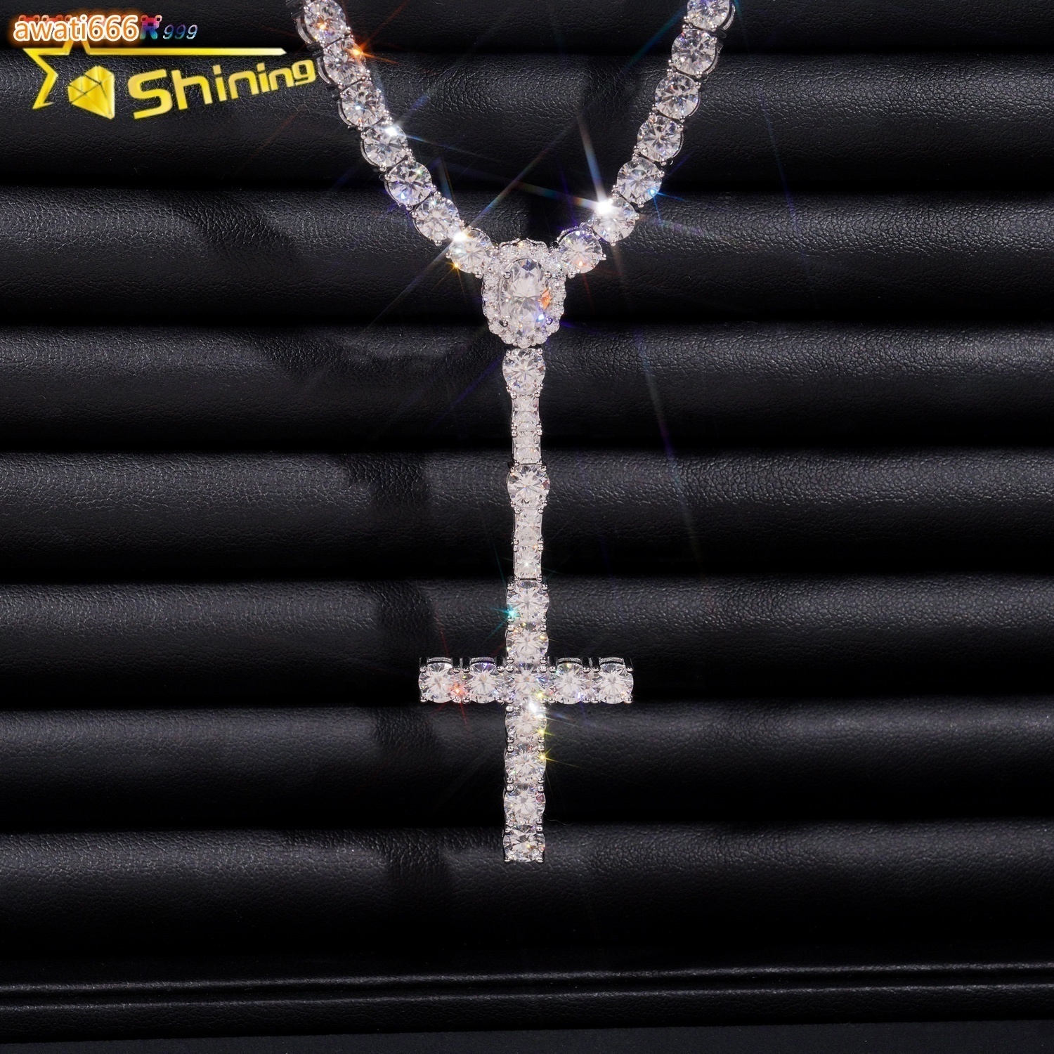 New Arrival Hot Sell Iced Out 5MM Width 925 Sterling Silver VVS Moissanite Rosary Cross Tennis Chain Necklace
