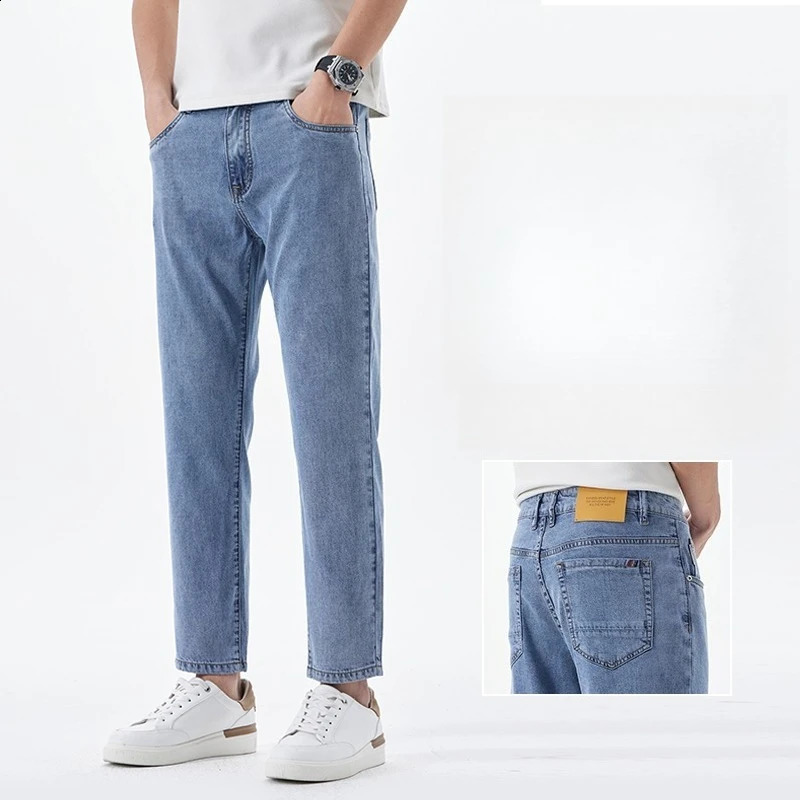 2026 Lyocell Trendy Cropped Ankle Length Jeans Men Streetwear Summer Slim Fit Stretch Pants Male Casual Denim Trousers 260511