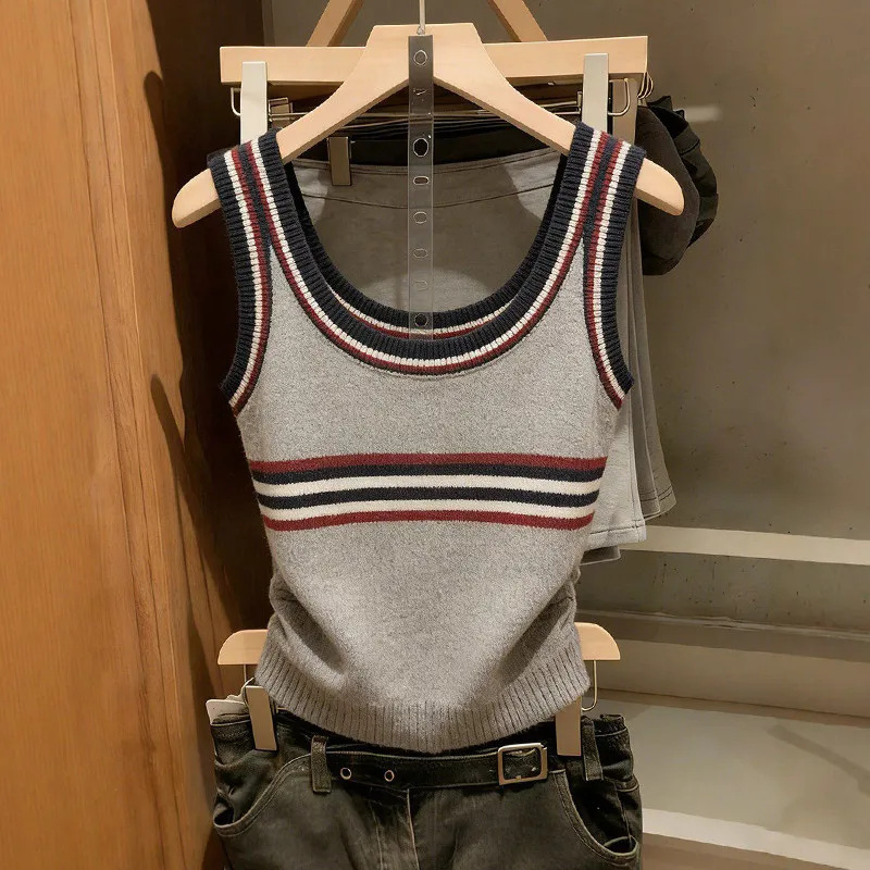 Designer vest fashionable women's short sleeved shirt Striped color blocked ice silk knitted tank for women new summer style sleeveless versatile