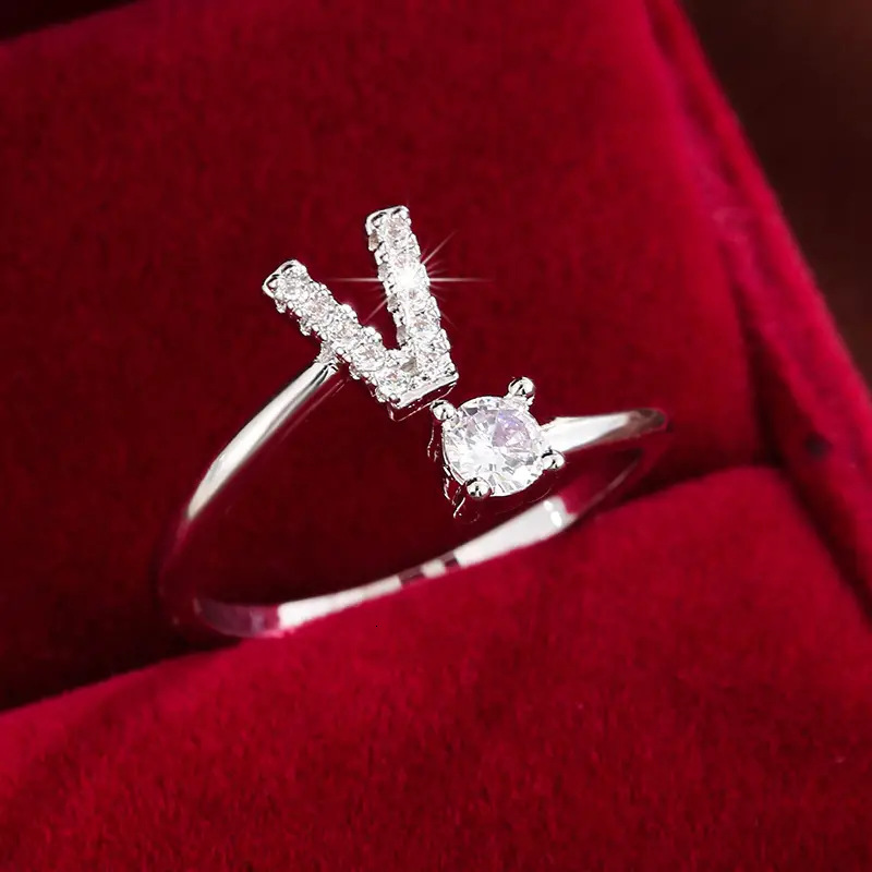 Luxury Jewelry Classic Letter Micro Inlaid Zircon Ring Fashion Women's K-plated Copper Open Solid Color Ring You Can Choose Letters According To 