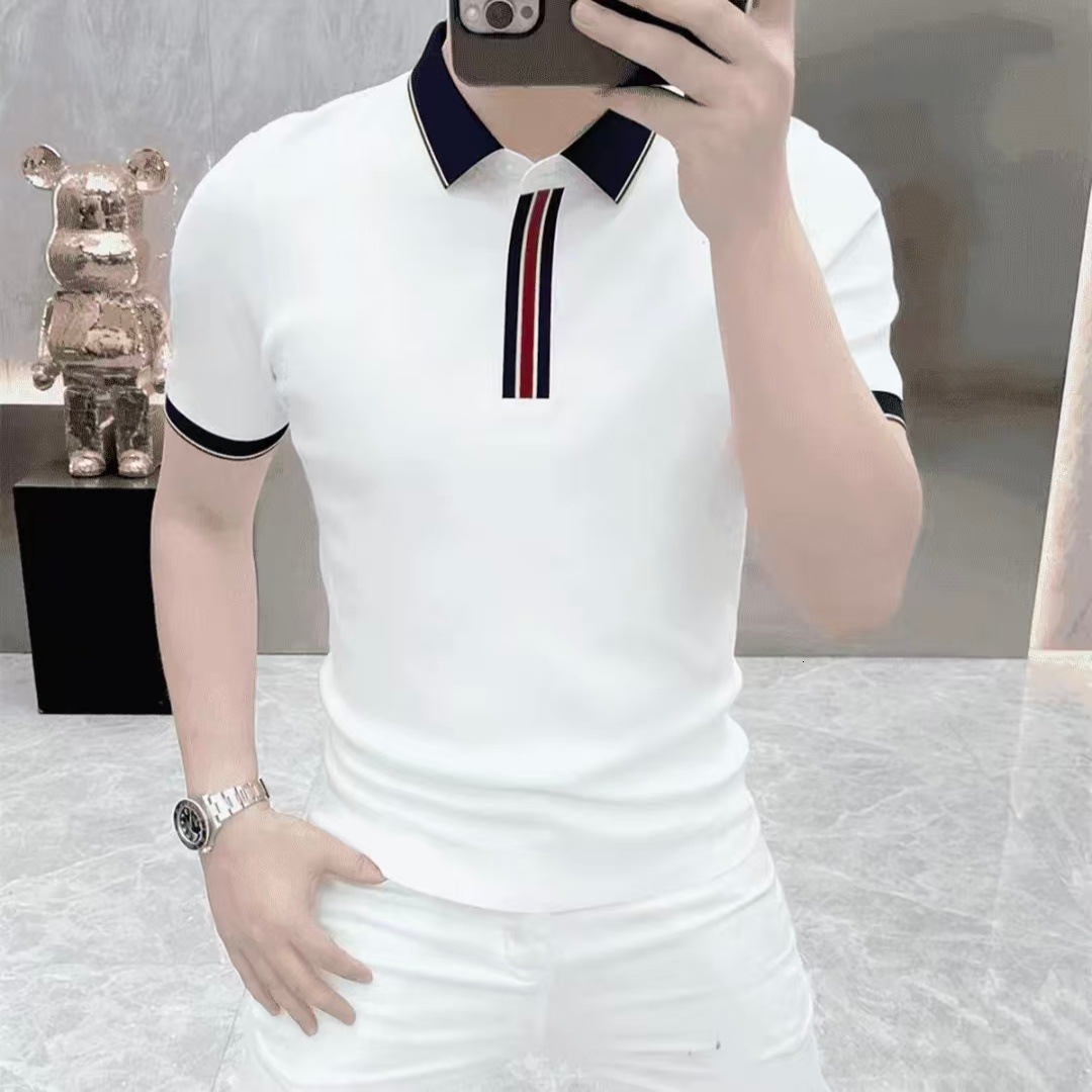 Luxury Brand Designer Mens White Contrast Stripe Trim Collar Slim Fit Polo Shirt 2026 Summer Casual Breathable Versatile Daily Wear