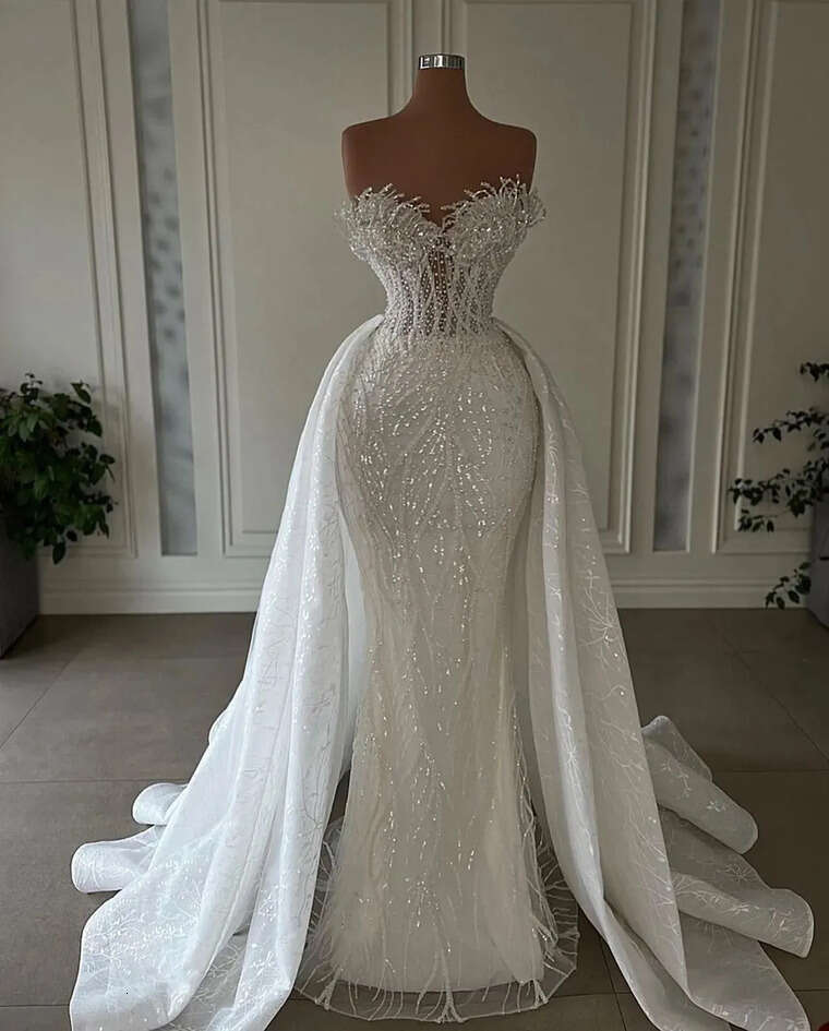 Glamorous Lace Bridal Gowns Strapless Pearls Wedding Dress Custom Made Sequined with Detachable Train Bride Dresses Vestido de novia