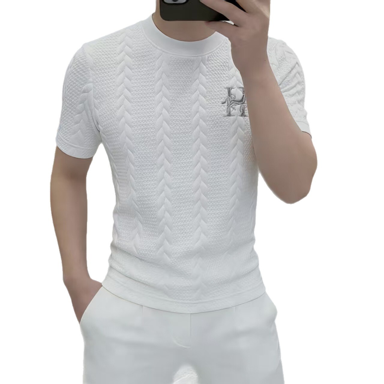 Designer Style Luxury Business Men's T-shirt Unisex Double-sided Knitted Summer High-end Embroidered Short Sleeved Fashionable And Trendy Outdoor