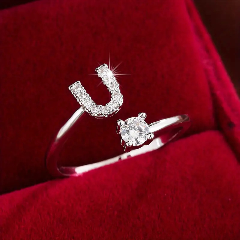 Luxury Jewelry Classic Letter Micro Inlaid Zircon Ring Fashion Women's K-plated Copper Open Solid Color Ring You Can Choose Letters According To 
