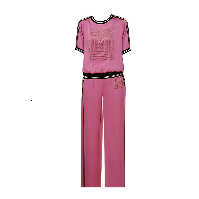 Designer Women's Set Rose pink fashion suit wo new design printed short sleeve and stylish straight leg pants outfit set Fashionable and high qua