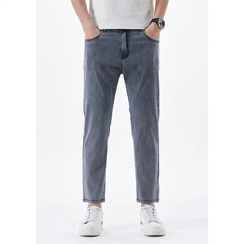 2026 Lyocell Trendy Cropped Ankle Length Jeans Men Streetwear Summer Slim Fit Stretch Pants Male Casual Denim Trousers 260511