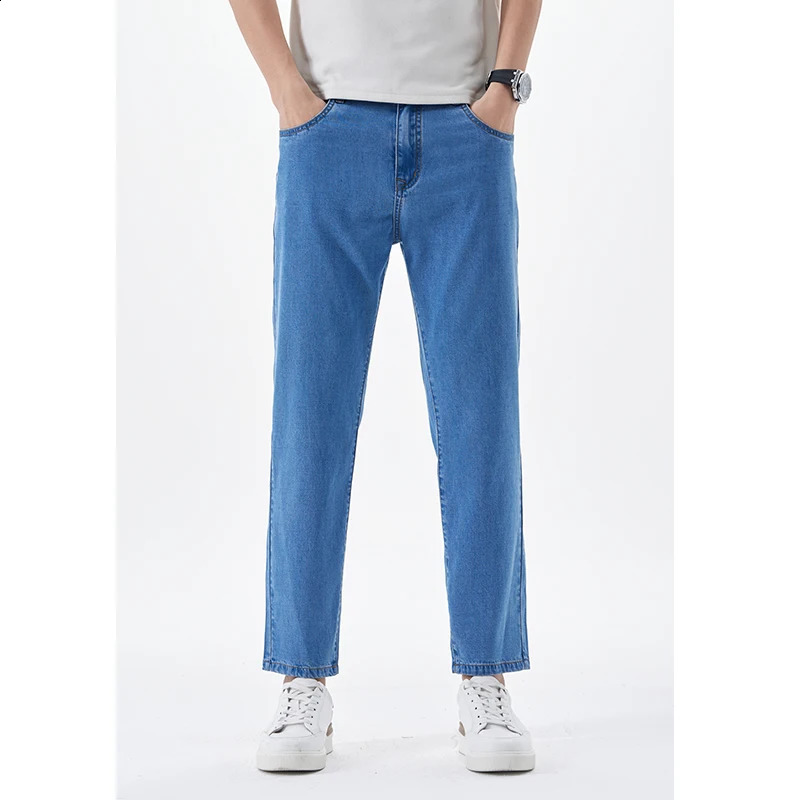 2026 Lyocell Trendy Cropped Ankle Length Jeans Men Streetwear Summer Slim Fit Stretch Pants Male Casual Denim Trousers 260511