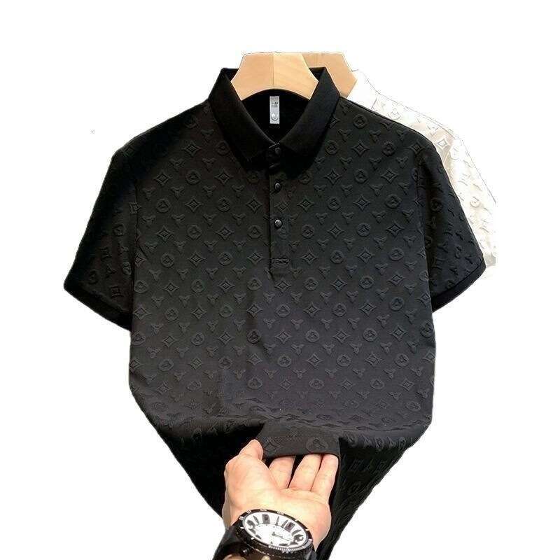 Men's Summer New Ice Silk Jacquard Polo Shirt Short Sleeve Monogram Embossed Print Breathable Slim Fit Turn Down Collar Casual Streetwear Versati