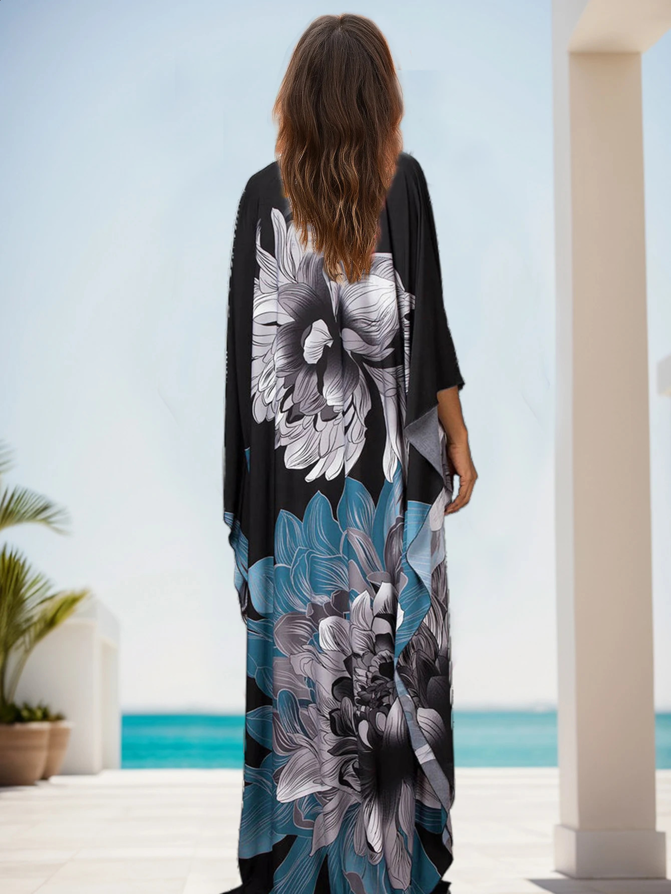 Sexy Print Deep Vneck Dress Batwing Sleeve Long Dresses Women Summer Beachwear Bohemian Kaftan Q1289 260515