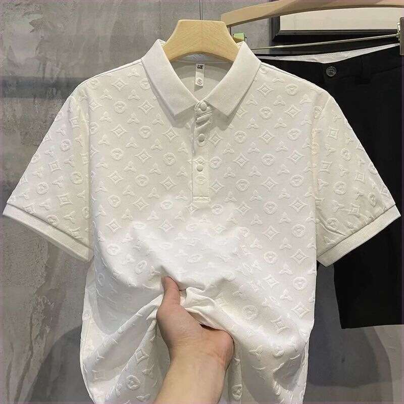 Men's Summer New Ice Silk Jacquard Polo Shirt Short Sleeve Monogram Embossed Print Breathable Slim Fit Turn Down Collar Casual Streetwear Versati