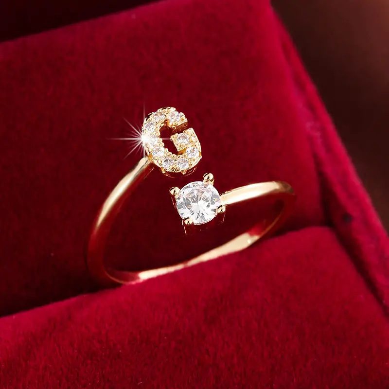 Luxury Jewelry Classic Letter Micro Inlaid Zircon Ring Fashion Women's K-plated Copper Open Solid Color Ring You Can Choose Letters According To 
