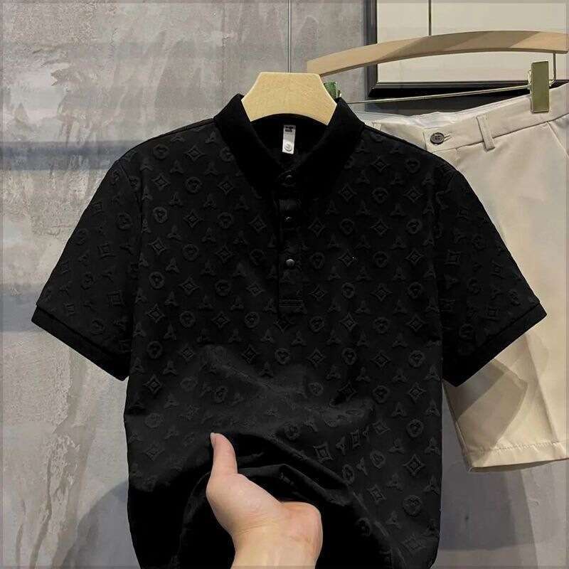 Men's Summer New Ice Silk Jacquard Polo Shirt Short Sleeve Monogram Embossed Print Breathable Slim Fit Turn Down Collar Casual Streetwear Versati