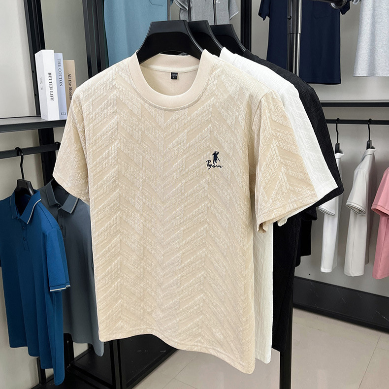 Luxury Business Men's Designer Ice Silk T-shirt Men's High-end Jacquard Embroidery Short Sleeved Silk Skin Friendly Outdoor Summer New Threa