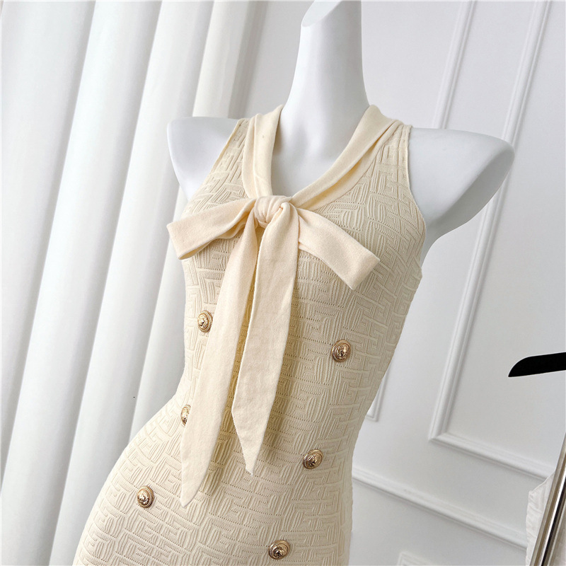 2026 New Designer Women's Long Skirt Elegant And Sophisticated Jacquard Knit Dress With Ribbons Slim Fit Bodycon Sleeveless Short Dress For Women