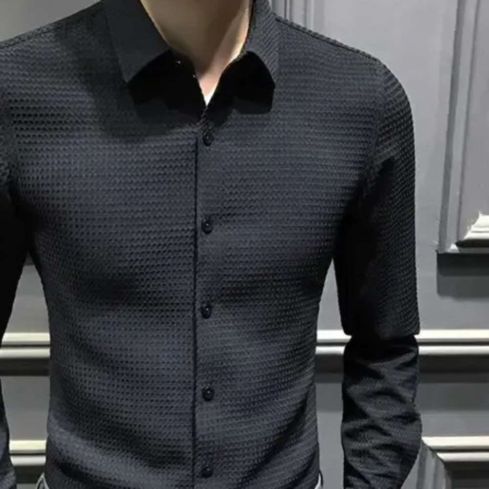 Men's Waffle Knit Shirt, Black Slim-Fit Button-Down Long-Sleeve Casual Top - Solid Acetate Fabric, Turn-Down Collar, Single-Breasted Closure for Every - view 6