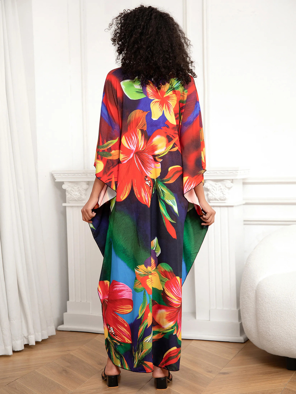 Sexy Print Deep Vneck Dress Batwing Sleeve Long Dresses Women Summer Beachwear Bohemian Kaftan Q1289 260515