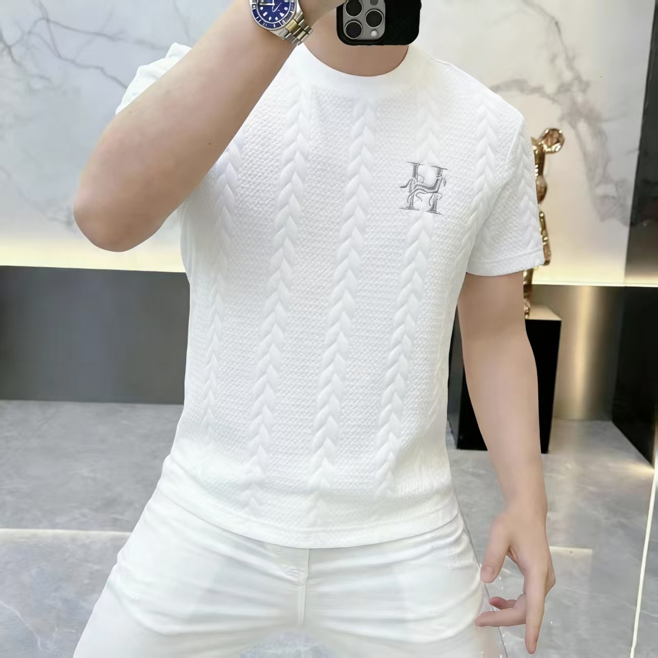 Designer Style Luxury Business Men's T-shirt Unisex Double-sided Knitted Summer High-end Embroidered Short Sleeved Fashionable And Trendy Outdoor