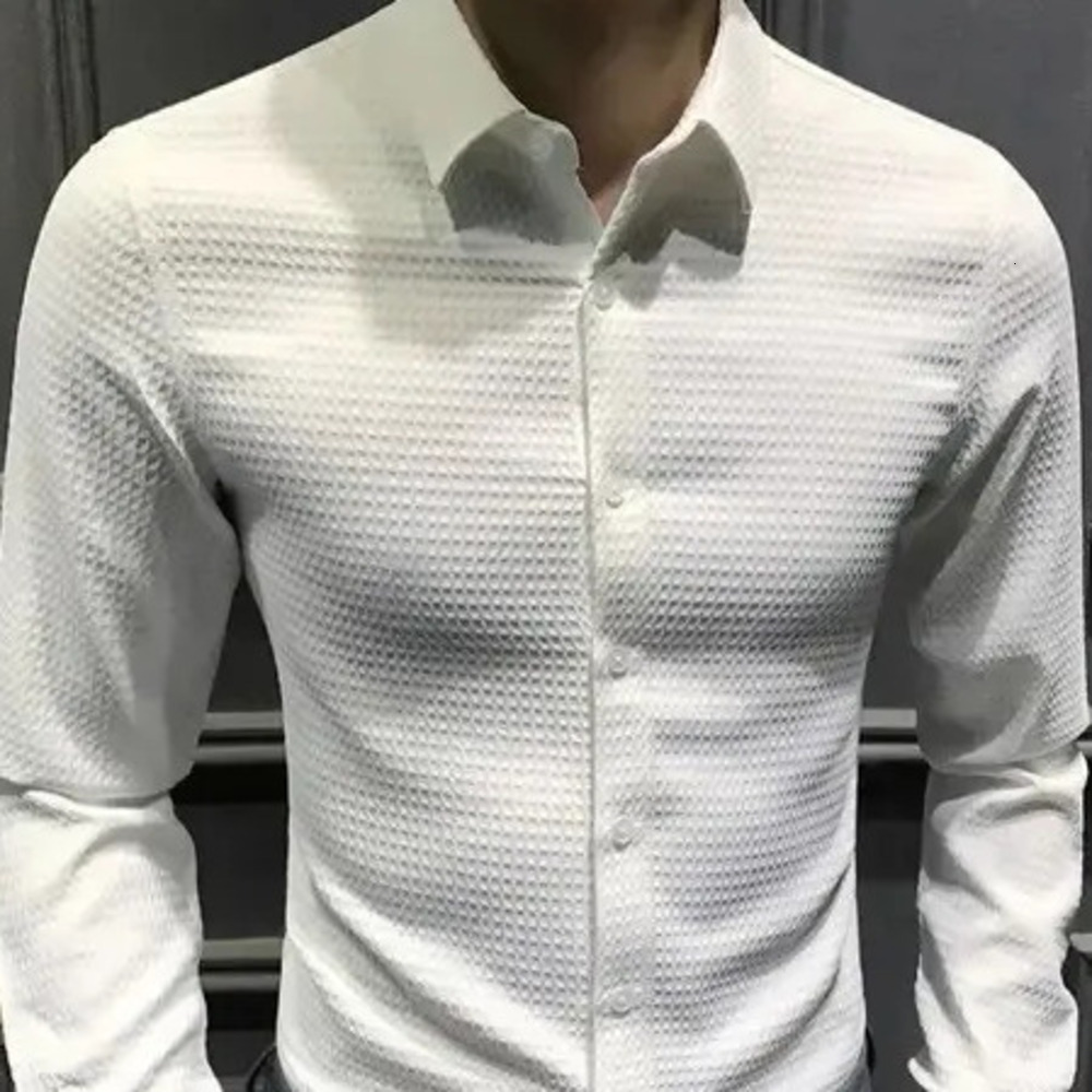 Men's Waffle Knit Shirt, Black Slim-Fit Button-Down Long-Sleeve Casual Top - Solid Acetate Fabric, Turn-Down Collar, Single-Breasted Closure for Every - view 7