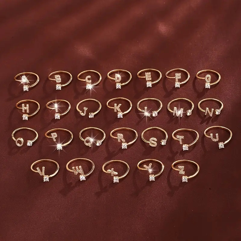 Luxury Jewelry Classic Letter Micro Inlaid Zircon Ring Fashion Women's K-plated Copper Open Solid Color Ring You Can Choose Letters According To 