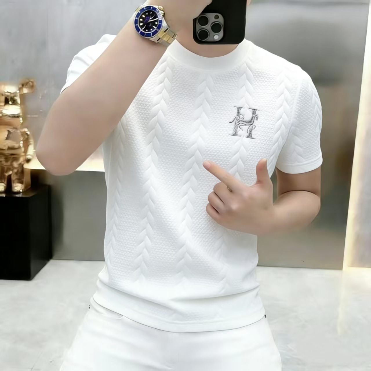 Designer Style Luxury Business Men's T-shirt Unisex Double-sided Knitted Summer High-end Embroidered Short Sleeved Fashionable And Trendy Outdoor