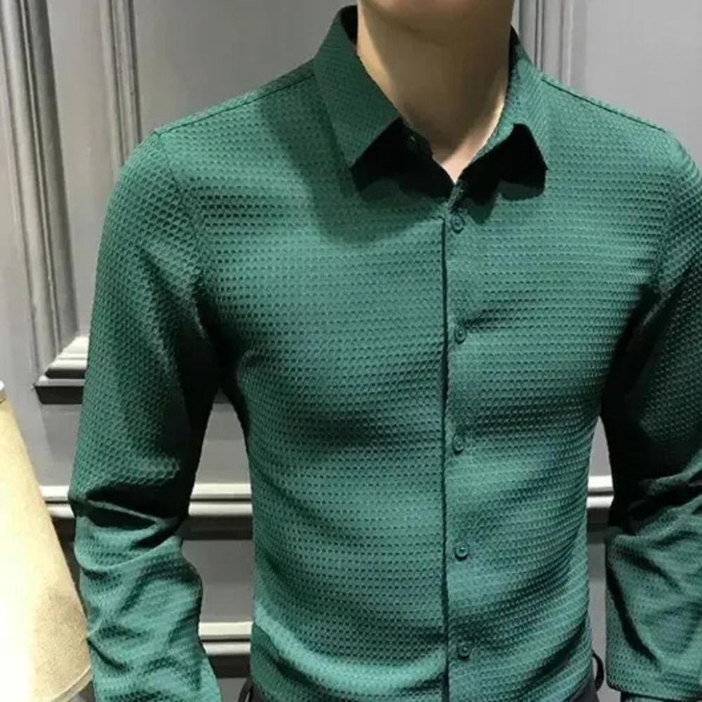 Men's Waffle Knit Shirt, Black Slim-Fit Button-Down Long-Sleeve Casual Top - Solid Acetate Fabric, Turn-Down Collar, Single-Breasted Closure for Every - view 5