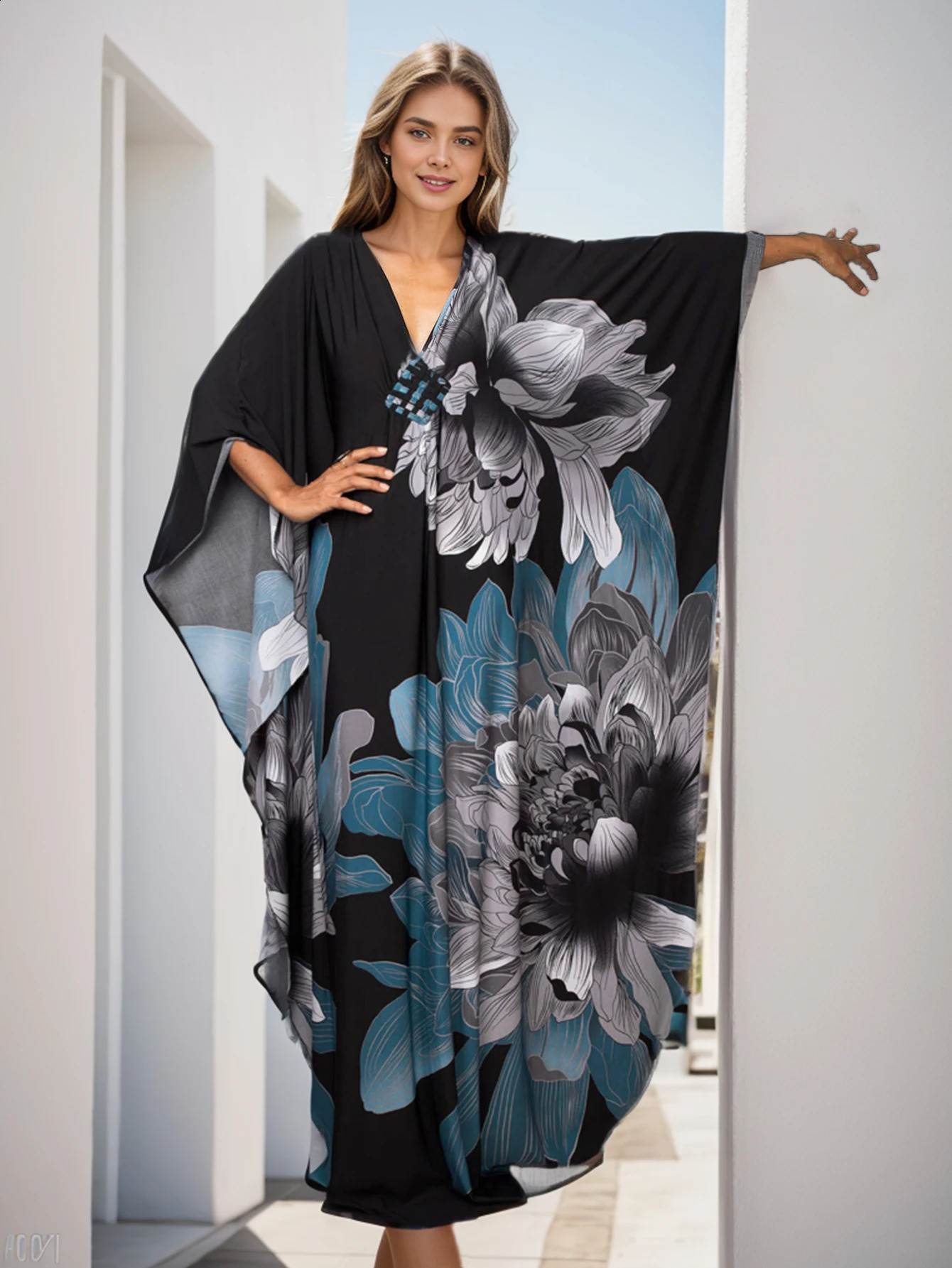 Sexy Print Deep Vneck Dress Batwing Sleeve Long Dresses Women Summer Beachwear Bohemian Kaftan Q1289 260515