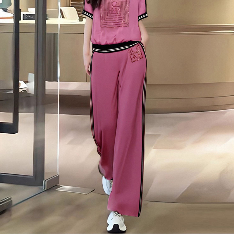 Designer Women's Set Rose pink fashion suit wo new design printed short sleeve and stylish straight leg pants outfit set Fashionable and high qua