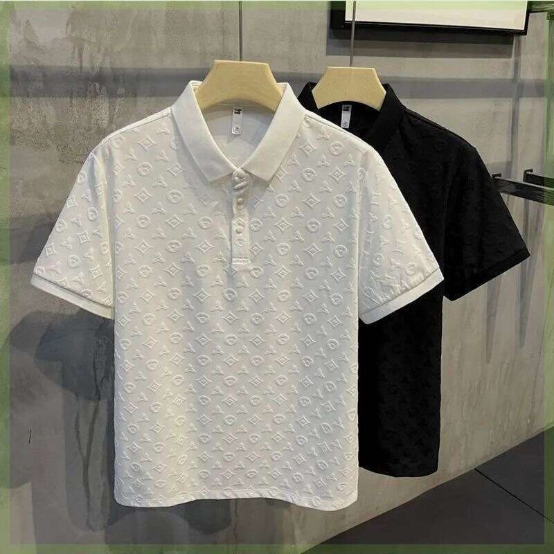 Men's Summer New Ice Silk Jacquard Polo Shirt Short Sleeve Monogram Embossed Print Breathable Slim Fit Turn Down Collar Casual Streetwear Versati