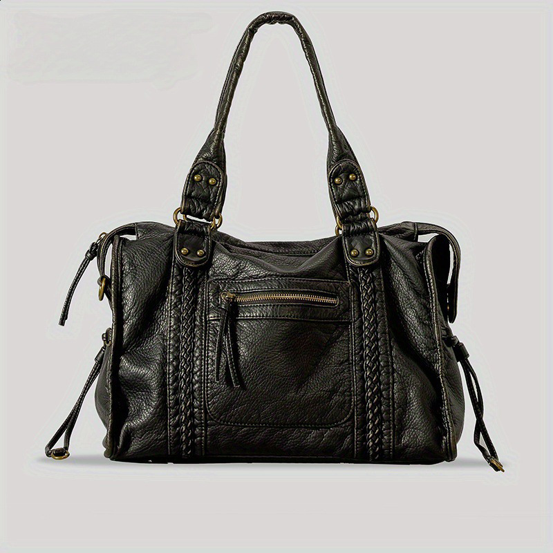 SC Retro Casual Cool Unisex Soft Brush off Washed PU Vegan Leather Handbag Braid Decor Crossbody Large Tote Laptop Shoulder Bag 260303