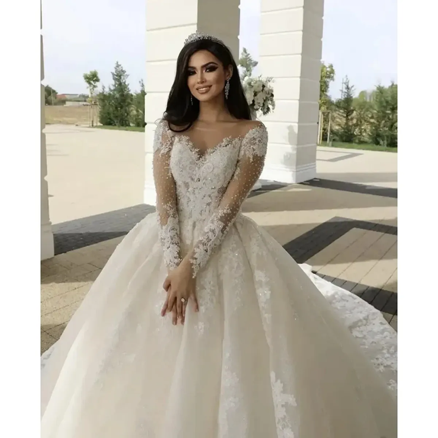 Luxury Illusion Neck Church Wedding Dresses Long Sleeve Robe Lace Beading Brides Dress Ball Gown Women Vestidos de Novia Customized EG912