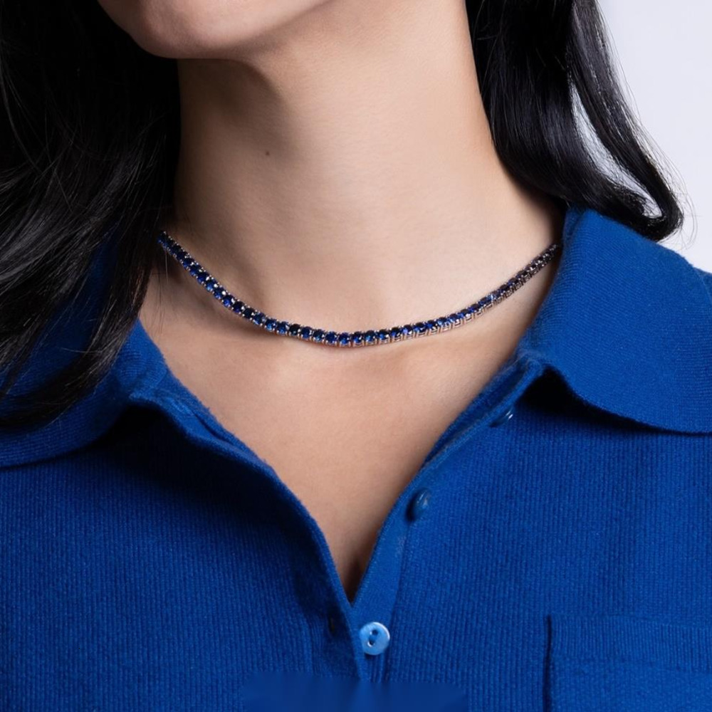 Yu Ying Blue Diamond Tennis Chain Fine Jewelry 3mm Wide S925 Silver Blue Corundum Women/mans Necklace Tennis Link Chain