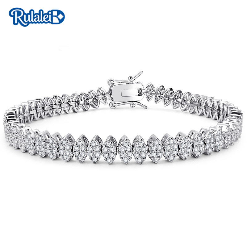 Rulalei 18K White Gold Fill Marquise Cut CZ Tennis Bracelets Sparkling Full Paved Crystal Chain Bracelet for Women Gift