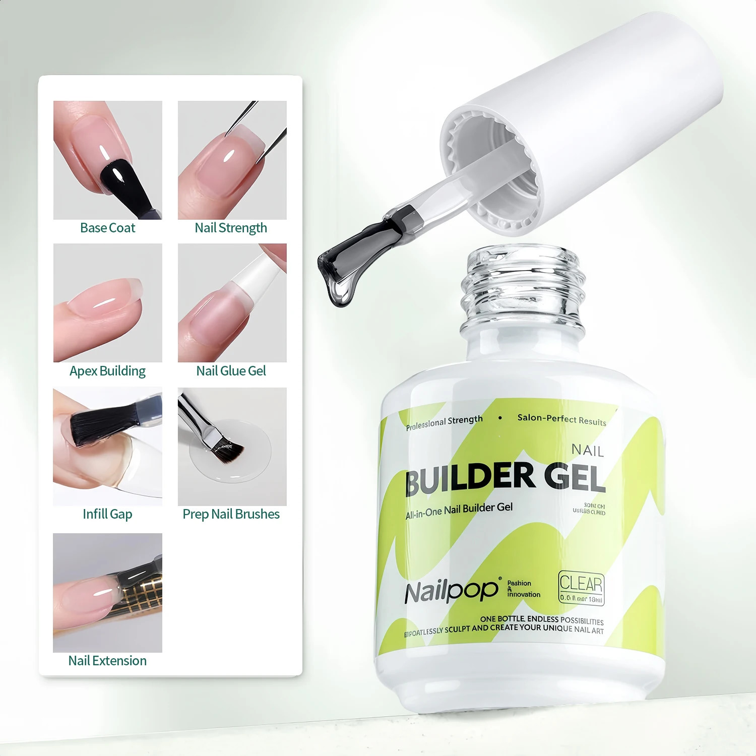 Nailpop Builder Nail Gel 4 Colors Base Coat Strengthener Thickening Extension Rhinestone Glue Gel Polish Brush in Bottle 15ml 260518