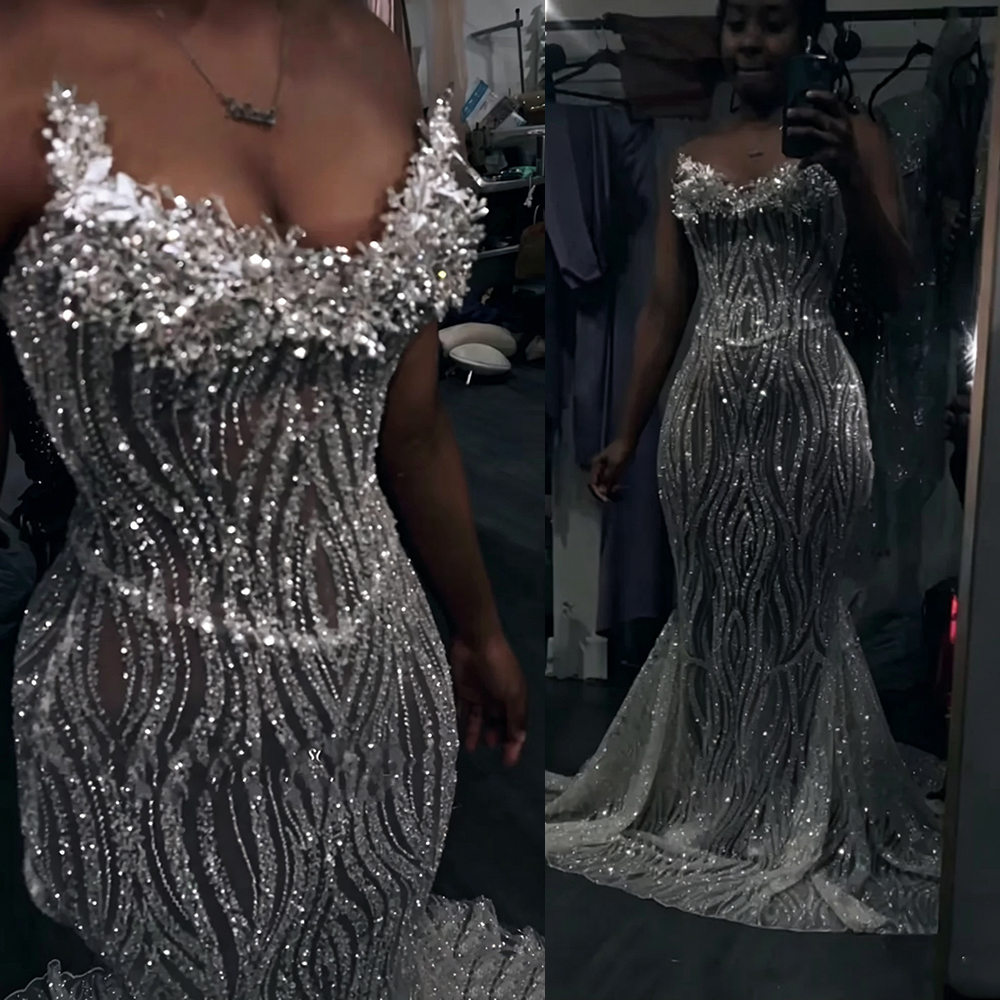 Sparkly Sequin Prom Dresses Black Girl Luxury 2026 Strapless Rhinestone Mermaid Party Dress Beading Evening Dress