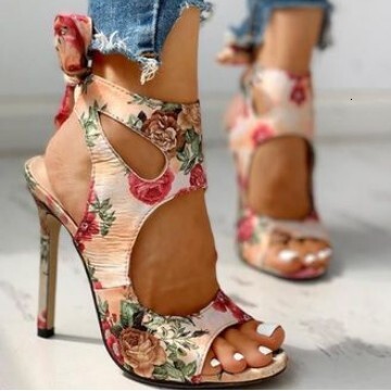 Womens Fashion Floral Heeled Sandals Peep Toe Design With Ankle Bow Soft Padded Insole For Daily Commute And Fashion Gifts Night Out