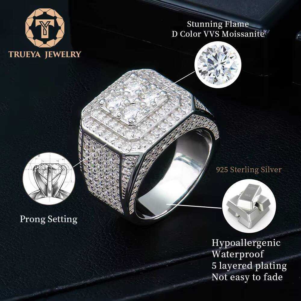 Joyera personalizada al por mayor para hombre banda de marco cuadrado de lujo racimo de Plata de Ley 925 anillo Real Gra Vvs1 Diamond Moissanite Hip H