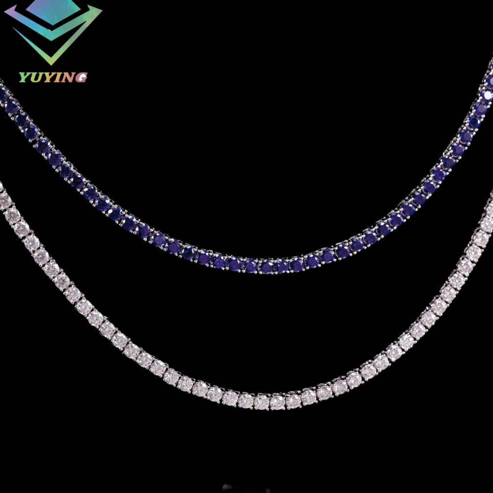 Yu Ying Blue Diamond Tennis Chain Fine Jewelry 3mm Wide S925 Silver Blue Corundum Women/mans Necklace Tennis Link Chain